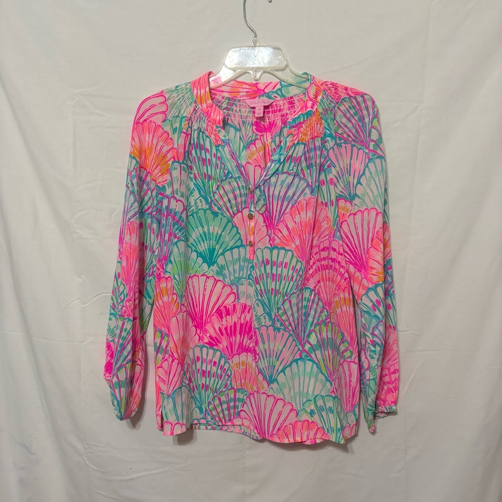 Lilly Pulitzer Pink and Green Shell Print Blouse